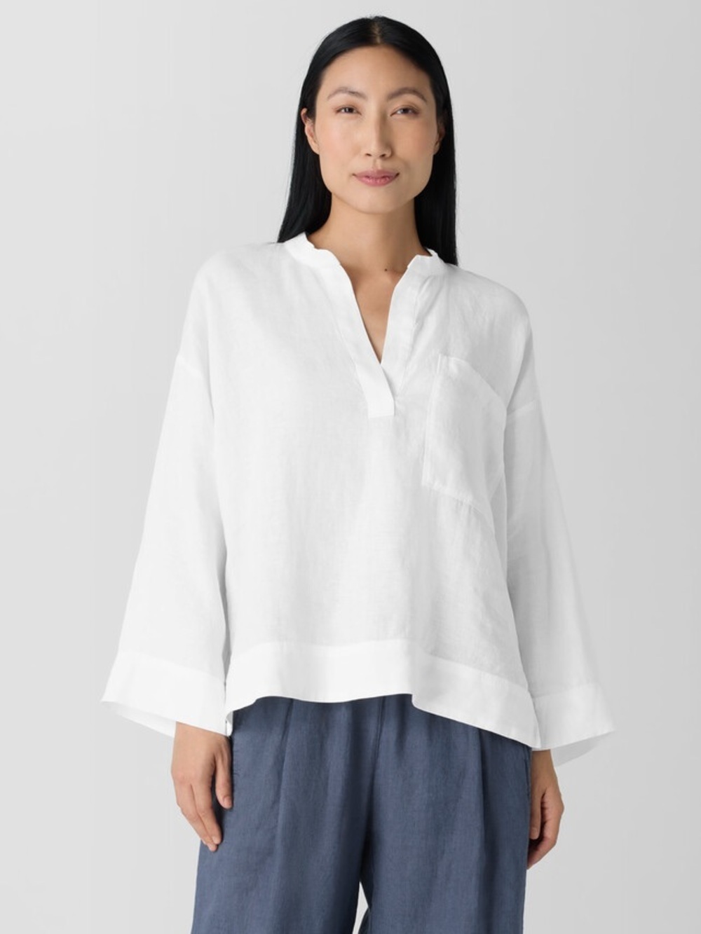 Eileen Fisher Organic Linen Split Neck Shirt White XS Boxy Tunic Blouse